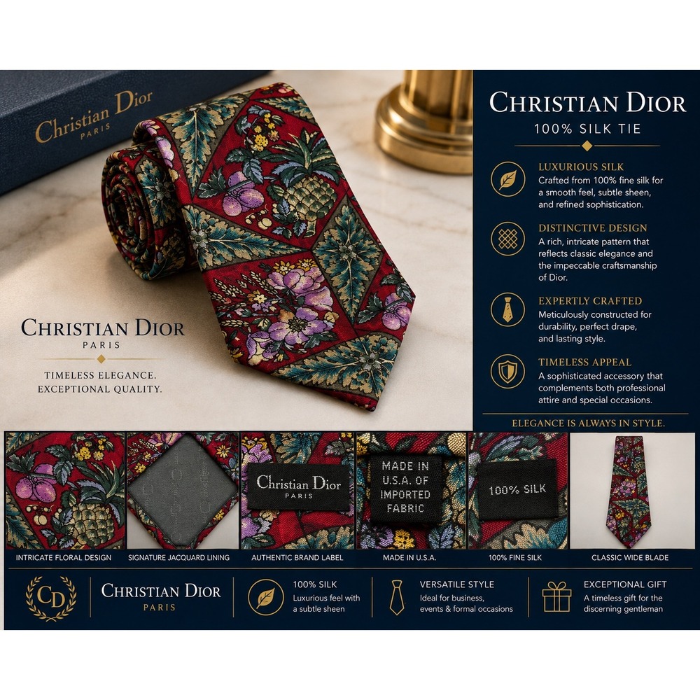 Christian Dior Paris Silk Tie Mens Red Floral Pineapple Botanical Wide Necktie